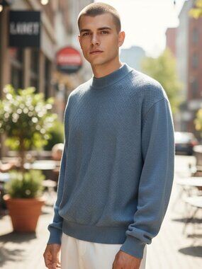 Vtg Paul Fredrick Mens S Sweater Ice Blue Diamond Silk Blend Long Sleeve Crew